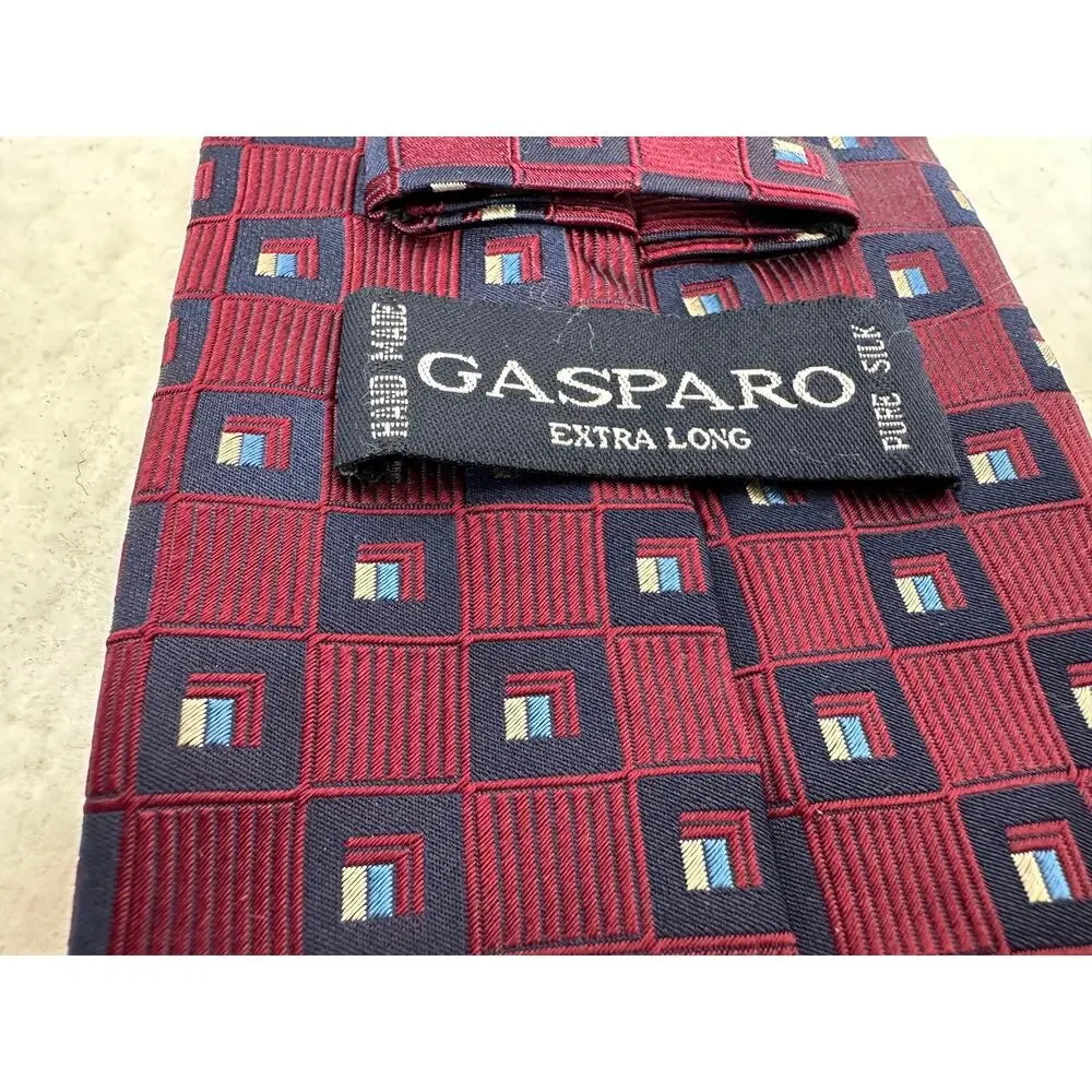 Gaspara Extra Long Pure Silk Tie Burgundy Geometric Squares
